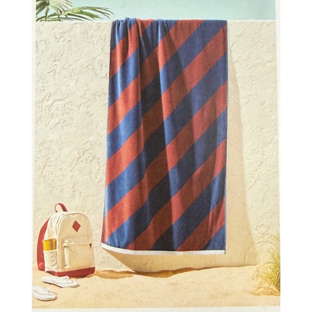 Room Essentials Set of 2 Red Navy Blue Striped Cotton Beach Towels 36x72 XL NEW